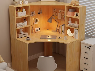 Light Wooden Corner Desk With Desk Lamp Laptop Stationery Shelves Books And White Chair 3d model