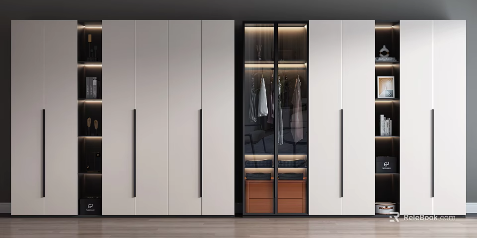 Modern Wardrobe With White Cabinet Doors Glass Front And Hanging Clothes 3d model 