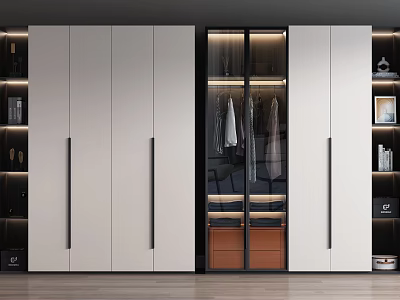 Modern Wardrobe With White Cabinet Doors Glass Front And Hanging Clothes 3d model