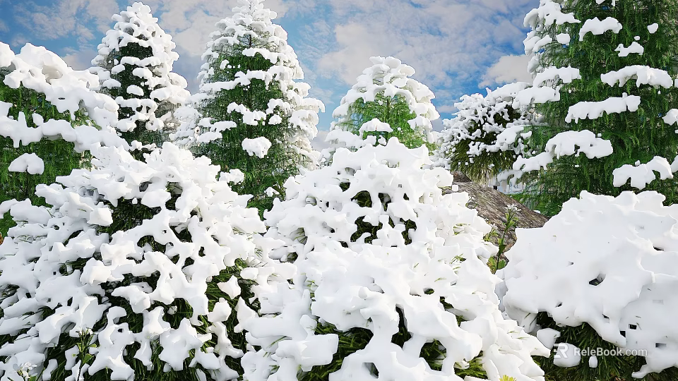 Snow-Covered Trees In Winter Scene With White Snow And Green Foliage Under Sky 3d model 