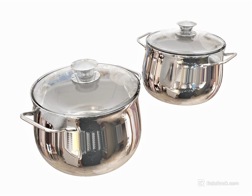 Two Stainless Steel Kitchen Cookware Pots With Transparent Lids And Handles 3d model 