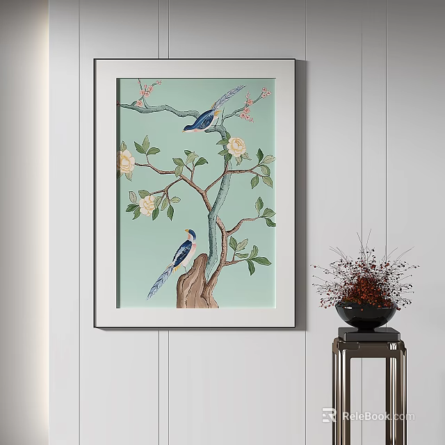 Botanical Painting with Branches Flowers Leaves Birds on Light Green Background in White Frame 3d model 