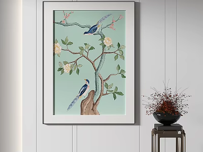 Botanical Painting with Branches Flowers Leaves Birds on Light Green Background in White Frame 3d model