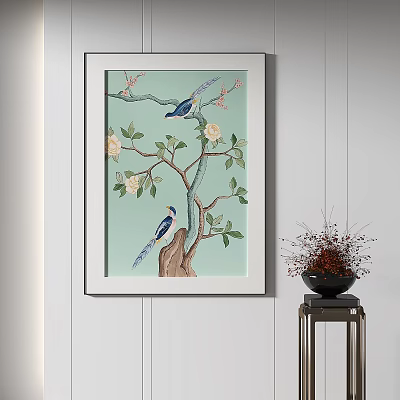 Botanical Painting with Branches Flowers Leaves Birds on Light Green Background in White Frame 3d model