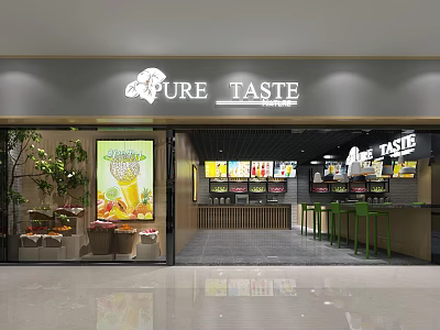 Pure Taste Milk Tea Shop With Modern Interior Menu Boards Green Chairs And Plants 3d model