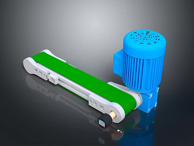 Industrial Conveyor Belt System With Green Belt Blue Motor And White Frame 3d model