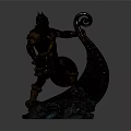 Mythical Warrior Sculpture With Horned Helmet Weapon Ship And Marine Creature Waves