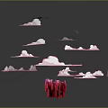 Cartoon Fantasy Scene With Red Toned Tall Block Structures Light From Above And Scattered Stones