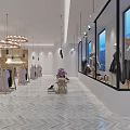 Elegant Clothing Store With Circular Chandeliers Herringbone Floor Large Windows And Clothes On Racks
