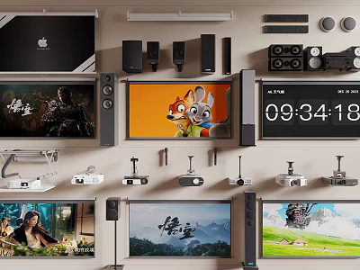 Projection Monitoring Setup Featuring Multiple Projectors Screens Stands And Displays Showing Various Scenes 3d model
