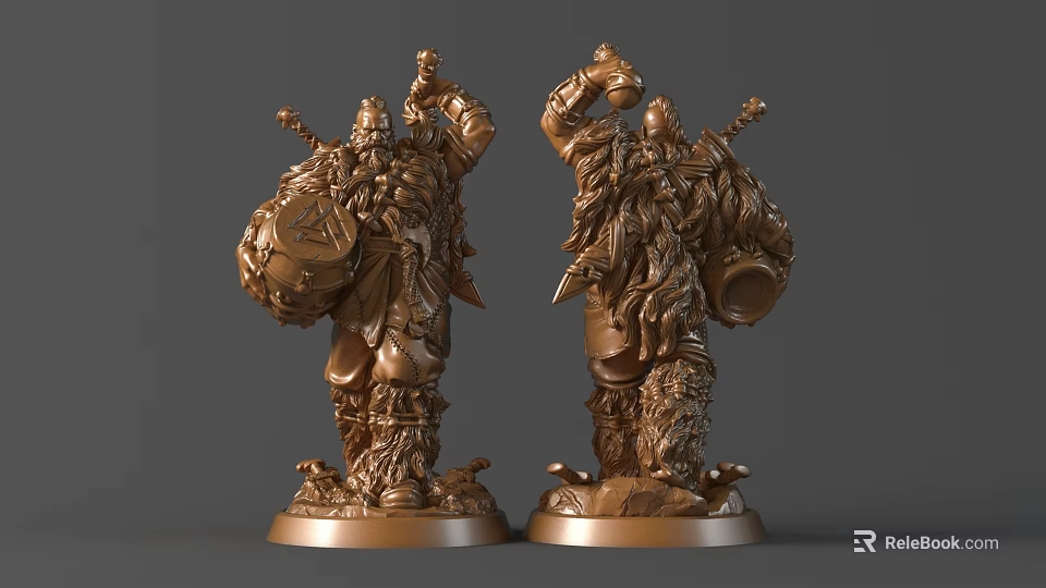 Detailed Bronze Warrior Sculpture Carving With Intricate Armor And Weapons Two Sides 3d model 