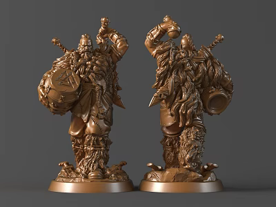 Detailed Bronze Warrior Sculpture Carving With Intricate Armor And Weapons Two Sides 3d model