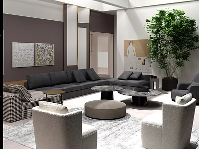Modern L Shaped Gray Fabric Sofa And Round Coffee Table Set With Armchairs And Potted Plant 3d model