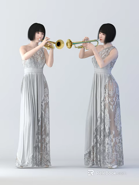 Women in Gray Lace Long Dresses Playing Golden Trumpets Facing Each Other 3d model 