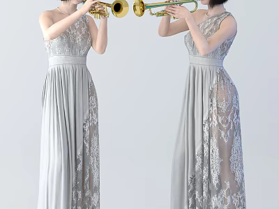 Women in Gray Lace Long Dresses Playing Golden Trumpets Facing Each Other 3d model