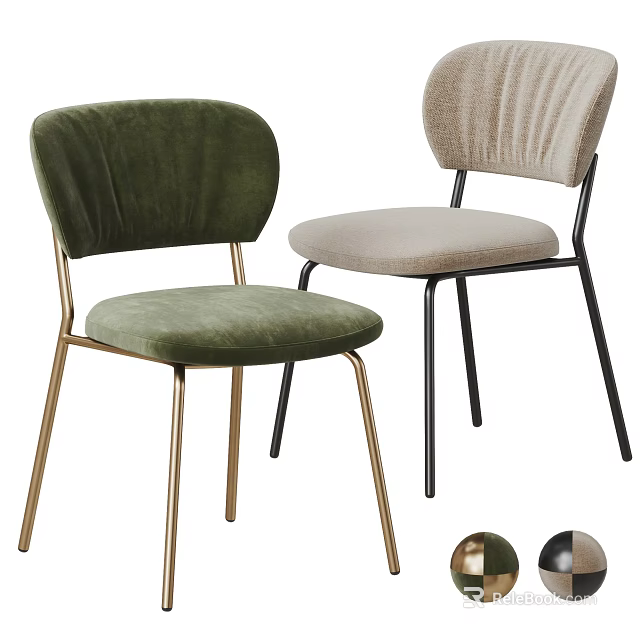 Green Velvet And Beige Fabric Dining Chairs With Gold And Black Legs Modern Design 3d model 