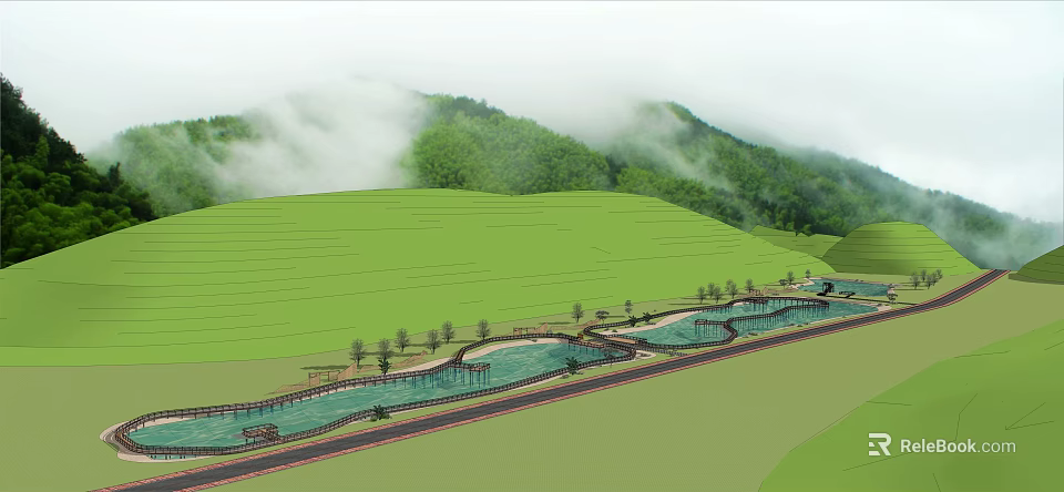 Scenic Water Fountain Design With Terrace Fields Distant Mountains And Misty Clouds 3d model 