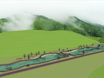 Scenic Water Fountain Design With Terrace Fields Distant Mountains And Misty Clouds 3d model