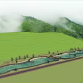 Scenic Water Fountain Design With Terrace Fields Distant Mountains And Misty Clouds