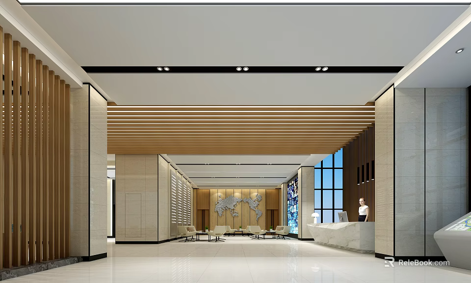 Modern Hotel Lobby Design With Wooden Ceiling Reception Desk And Large Windows 3d model 