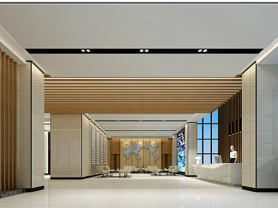 Modern Hotel Lobby Design With Wooden Ceiling Reception Desk And Large Windows 3d model