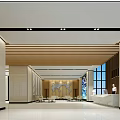 Modern Hotel Lobby Design With Wooden Ceiling Reception Desk And Large Windows