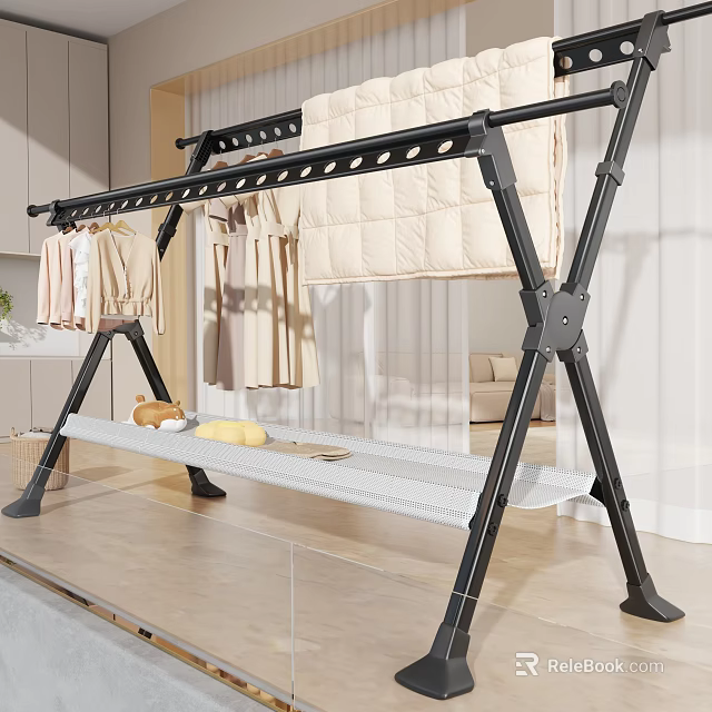Sturdy Black Metal Clothes Rack With Hanging Clothes Quilt And Lower Storage Shelf 3d model 