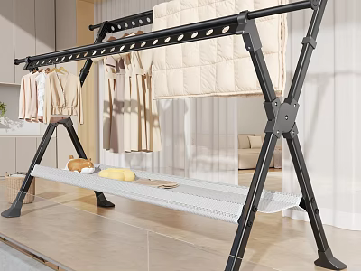 Sturdy Black Metal Clothes Rack With Hanging Clothes Quilt And Lower Storage Shelf 3d model