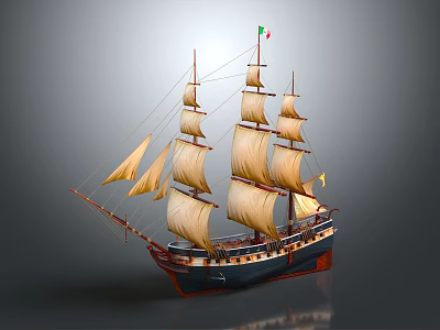 Detailed Sailing Ship Model With Beige Sails Blue Hull Red Bottom And Small Flag 3d model