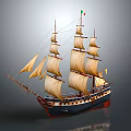 Detailed Sailing Ship Model With Beige Sails Blue Hull Red Bottom And Small Flag