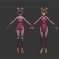 Female 3D Character Model With Pink Bodysuit Bun Hairstyle And High Heels Front Back Views