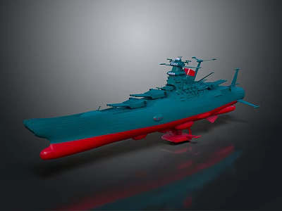 Detailed Teal And Red Model Battleship With Upper Superstructure And Deck Details 3d model