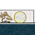 Traditional Chinese Garden Wall with Circular Mountain Pattern Pine Tree and Water Reflection 3d model