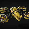 Futuristic Yellow Flying Drone With Four Large Propellers And Black Yellow Color Scheme