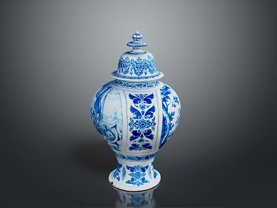 Blue And White Carved Sculpture Vase With Intricate Patterns And Lid 3d model