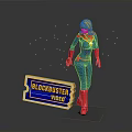 Superhero Figure Standing Next to Blockbuster Video Sign in Blue Costume