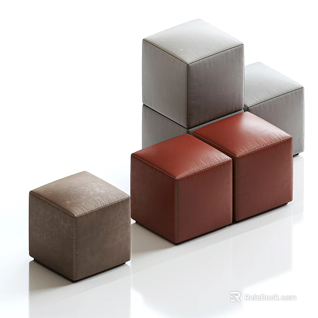Modern Square Leather Ottomans in Brown and Gray Stacked Together 3d model
