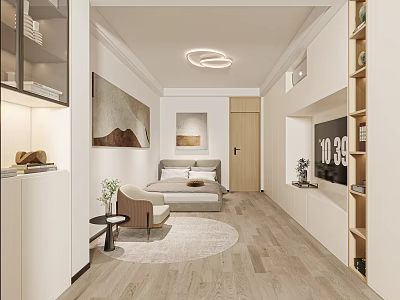 Cozy Modern Bedroom Interior With Comfortable Bed Round Rug And Wooden Flooring 3d model