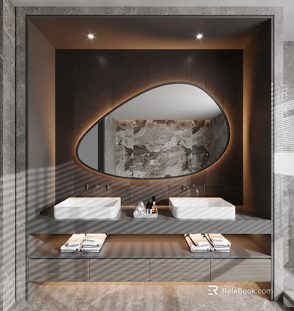 Modern Bathroom Vanity With Double Sinks And Oval Marble Mirror 3d model 