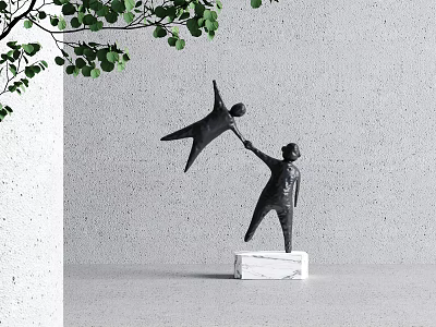 Artistic Sculpture Carving Featuring Two Human Figures Standing And Lifted On Marble Base With Green Leaves 3d model