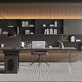 Modern Office Interior With Wooden Walls Bookshelf Large Desk Laptop And Mountain View Blinds