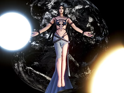 Game and Movie Female Character Standing with Open Arms Before Earth and Luminous Celestial Bodies 3d model