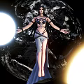 Game and Movie Female Character Standing with Open Arms Before Earth and Luminous Celestial Bodies