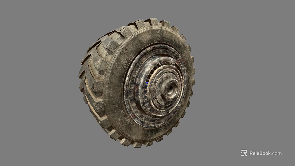 Isolated Old Worn Vehicle Tire With Deep Treads And Metal Rim Structure Details 3d model 