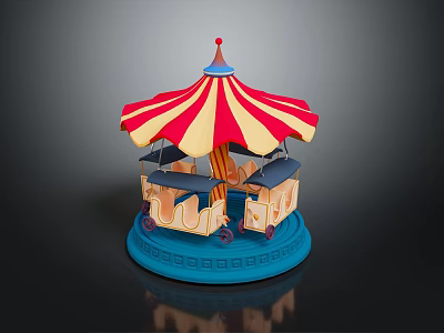 Children Playing With Colorful Carousel Toy Red Yellow Striped Canopy Blue Base 3d model