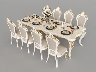 Elegant Dining Table Set With White Chairs Gold Accents Tableware Flower Vase And Candles 3d model