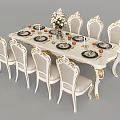 Elegant Dining Table Set With White Chairs Gold Accents Tableware Flower Vase And Candles