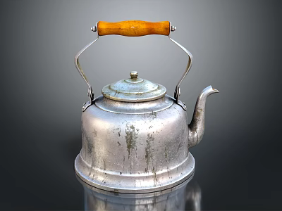 Vintage Silver Electric Kettle With Wooden Handle And Worn Texture For Daily Kitchen Use 3d model
