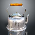 Vintage Silver Electric Kettle With Wooden Handle And Worn Texture For Daily Kitchen Use