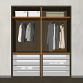 Modern Wooden Wardrobe Interior With Hanging Garments Storage Boxes And Drawers